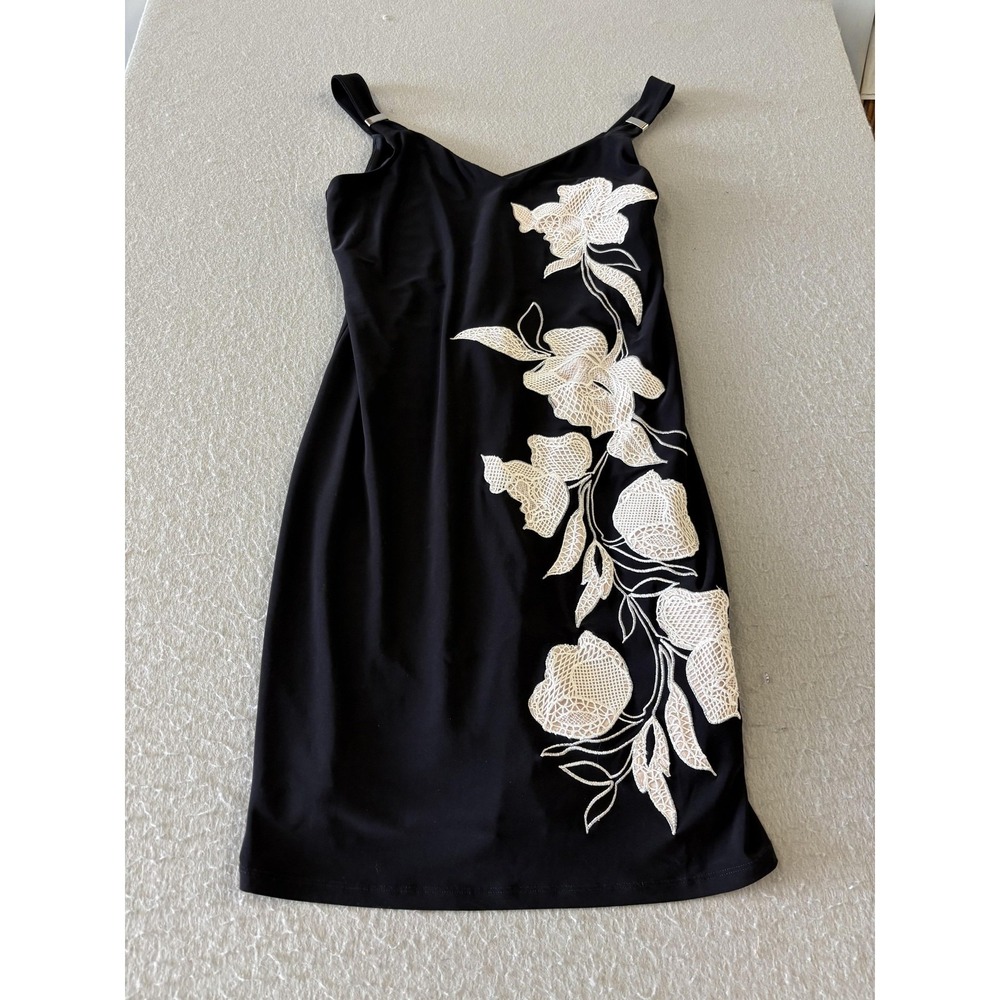 Dress Womens Small Black Floral Embroidered V Neck Bodycon Sheath Mini
